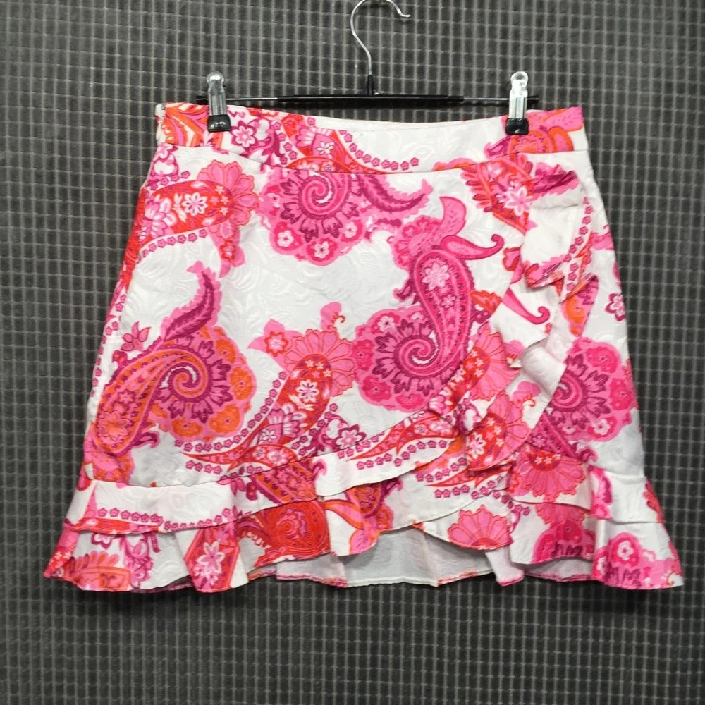 SHEIN‎ Pink Orange Paisley Floral Ruffle Mini Skirt Jacquard L swtwop072005204